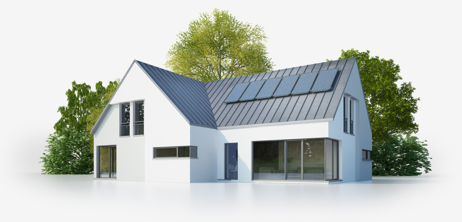 Modern white house with large windows and a sloped metal roof featuring exterior stucco. Solar panels on top complement its eco-friendly design. Surrounded by green trees, the setting is bright and natural.